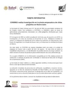 COFEPRIS realiza investigación en la planta empacadora de chiles jalapeños en Nuevo León